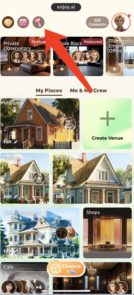 Enjoy - AI Town creation interface showing hammer icon