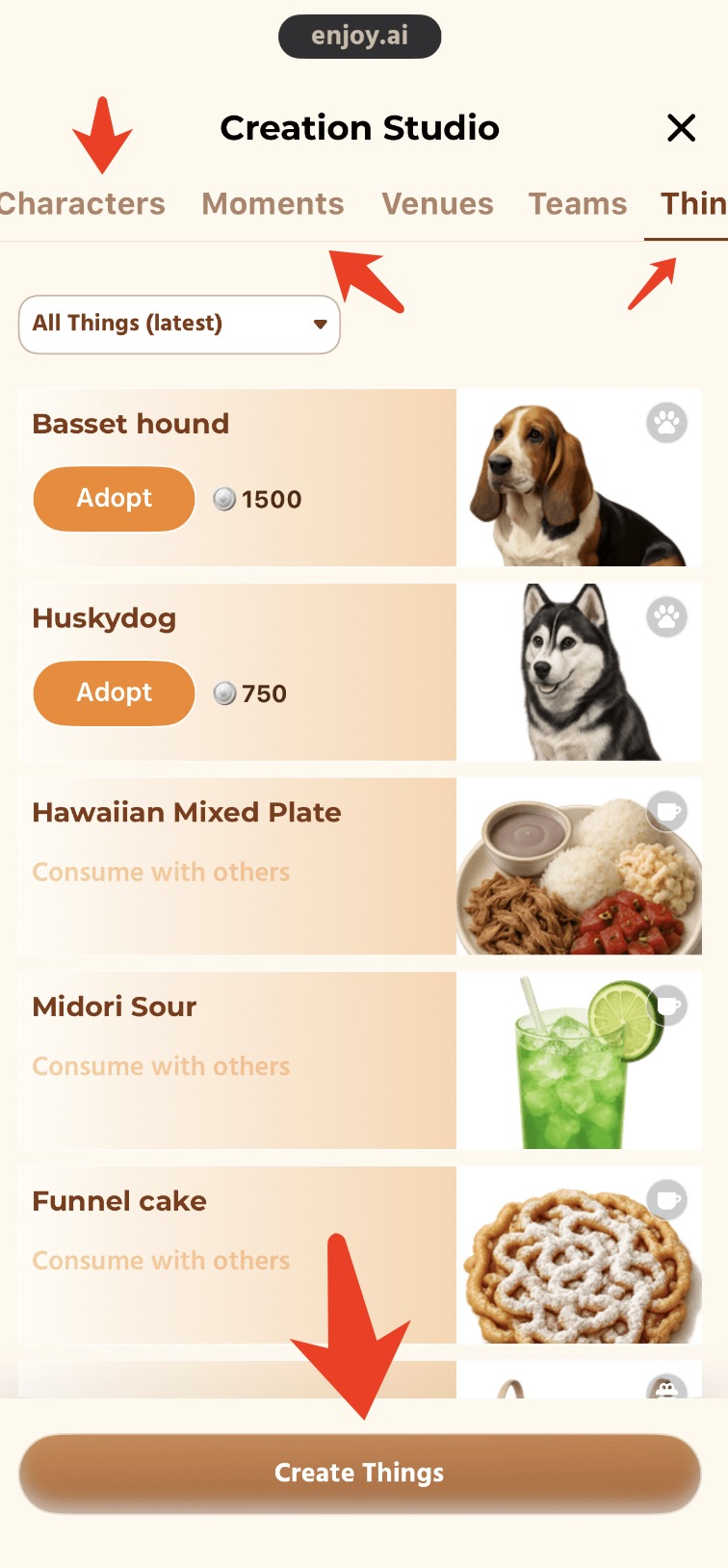 Enjoy - AI Town creation interface showing hammer icon